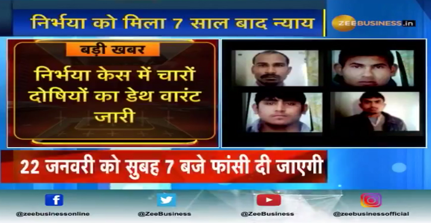 निर्भया के दोषियों को 22 जनवरी को होगी फांसी, डेथ वारंट हुआ जारी