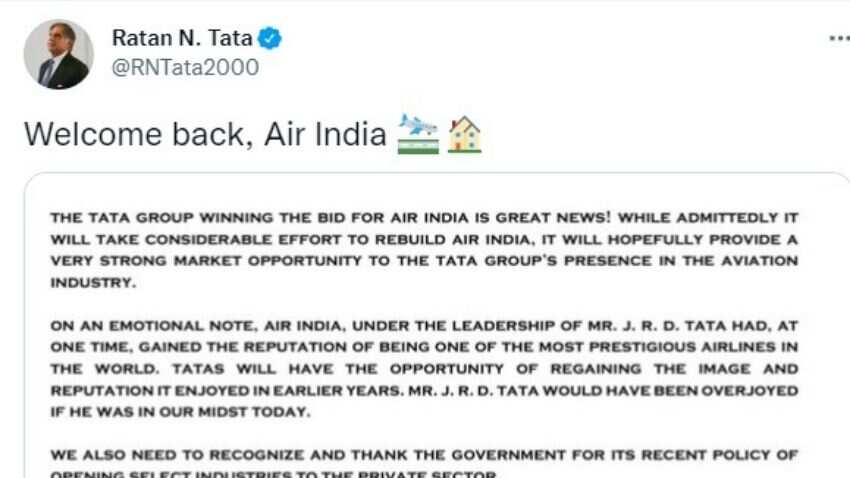 68 साल बाद एयर इंडिया की हुई घर वापसी, रतन टाटा ने कहा- Welcome Back, Air India