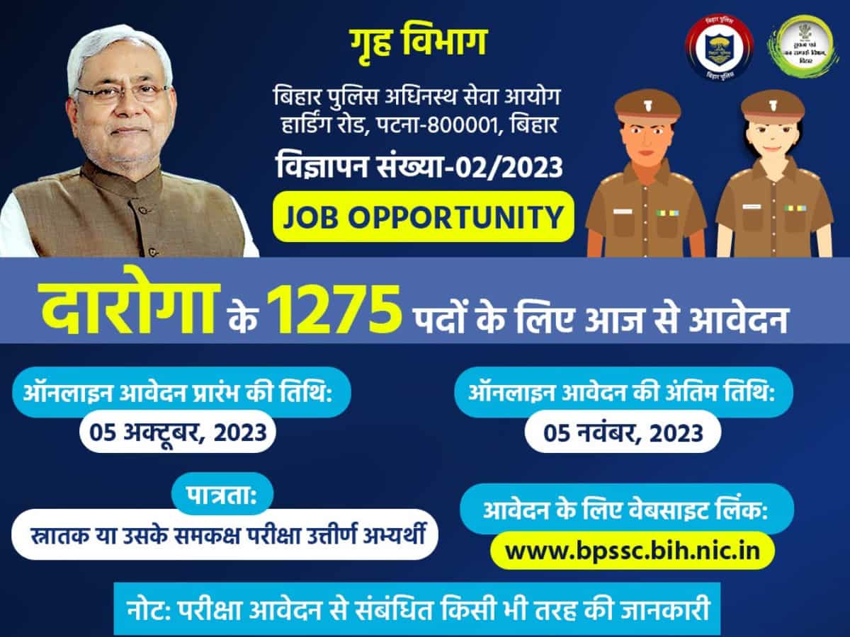 Bihar Police SI Recruitment 2023: बिहार में 1275 पदों पर निकली भर्ती, ग्रेजुएशन पास कर सकते हैं अप्लाई, जानें डीटेल