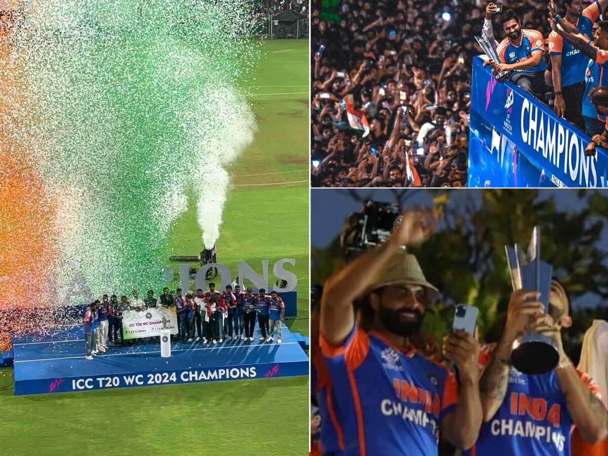 एयरपोर्ट पर वाटर सैल्यूट, विराट-रोहित ने उठाई ट्रॉफी, देखें टीम इंडिया की विक्ट्री परेड के Best Moments