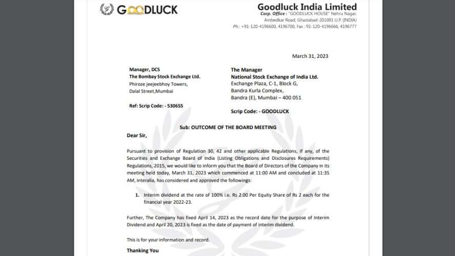 Goodluck India Dividend Announcements