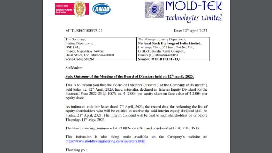 Mold Tek Technologies Announce Interim Dividend