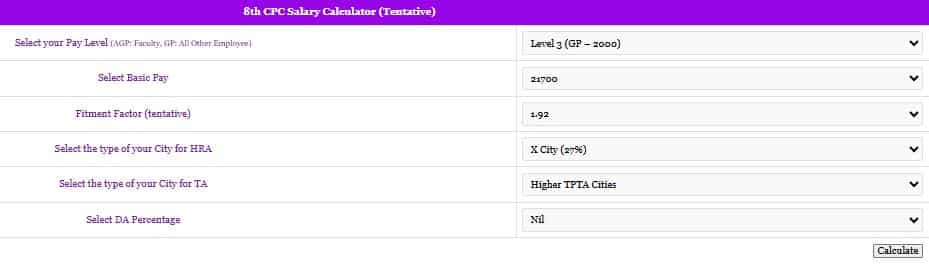 8th cpc salary calculator level 3 gp 2000 basic pay 21700 fitment hra ta net salary