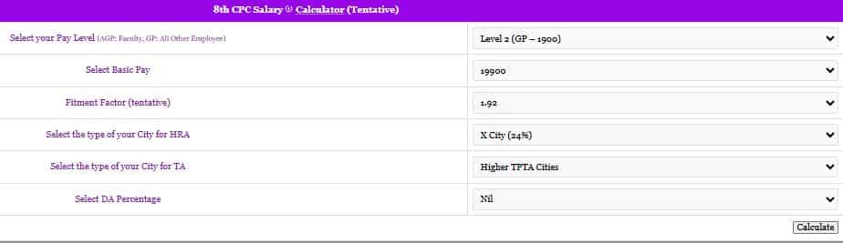 8th cpc salary calculator level 2 gp 1900 basic pay fitment da hra ta net salary