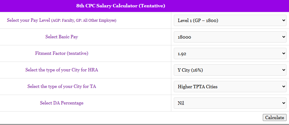 8th cpc salary calculator level 1 gp 1800 basic pay fitment da hra ta net salary