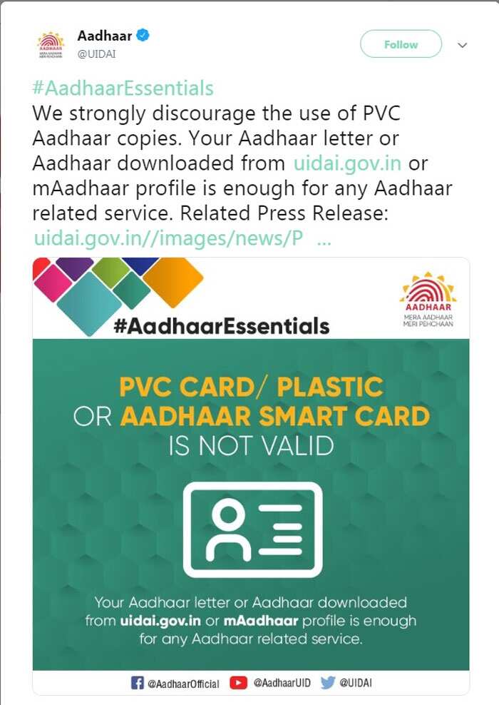 UIDAI PVC card, Plastic card or Aadhaar Smart card not valid