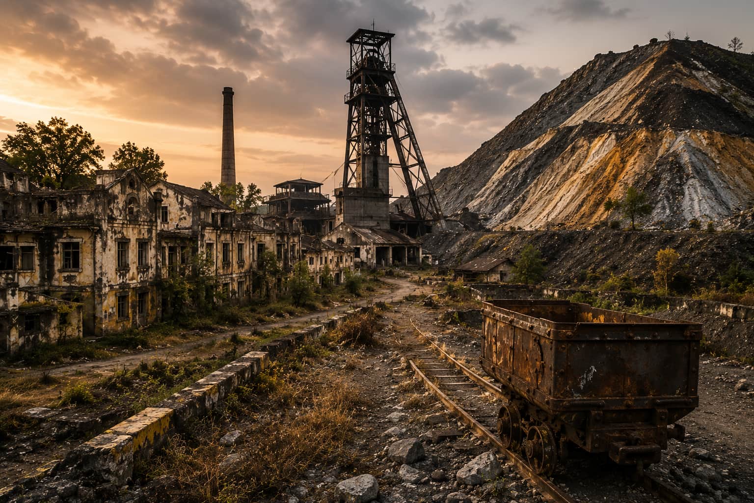 Abandoned mining site at dusk