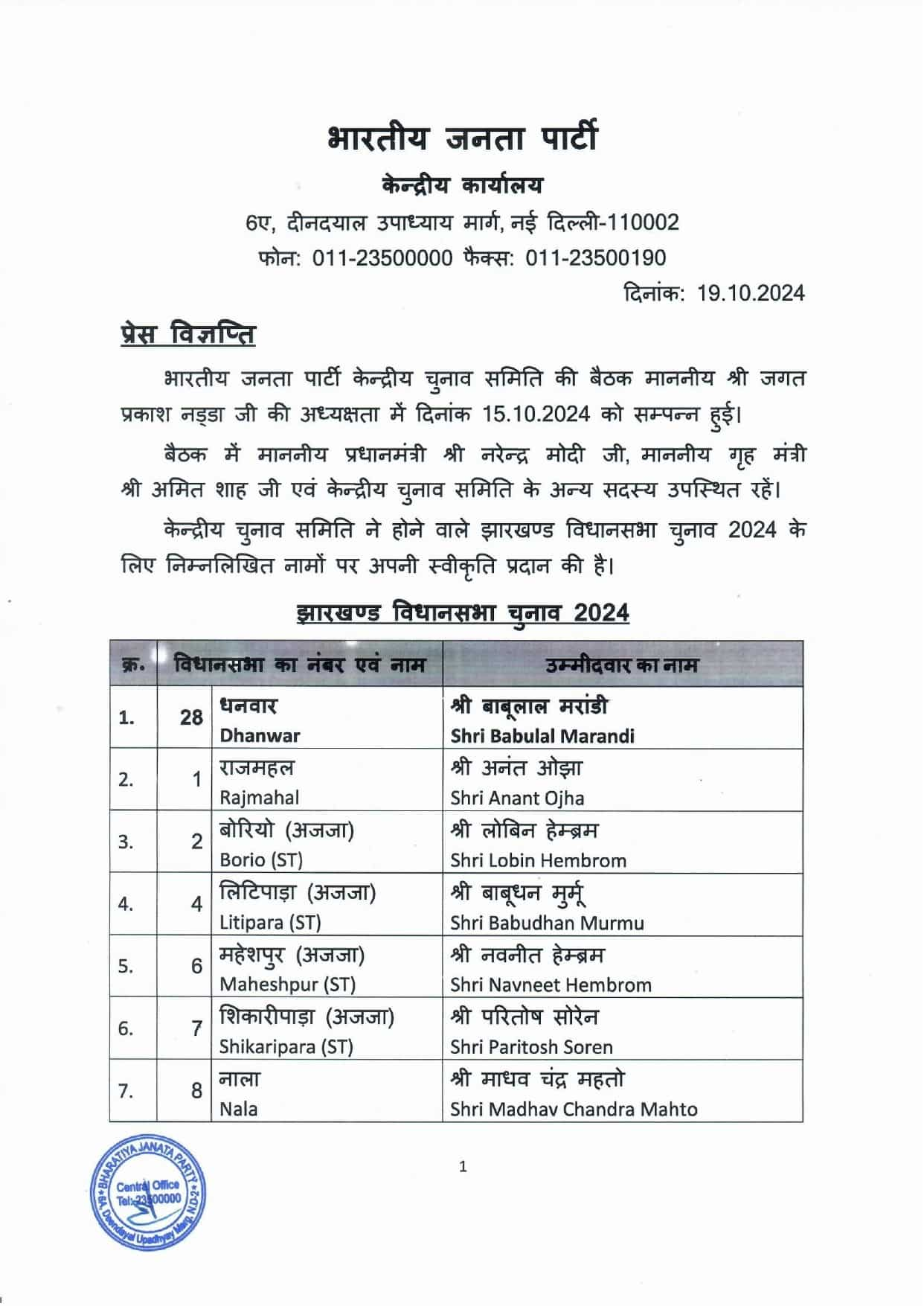 BJP List 1