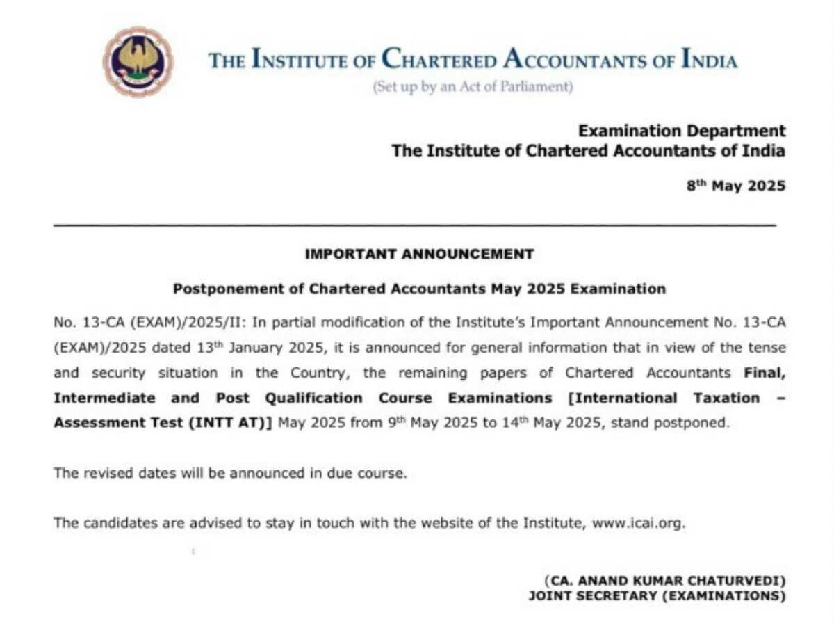 India Pak conflict ICAI postpones CA inter, final exams amid India-Pakistan tensions