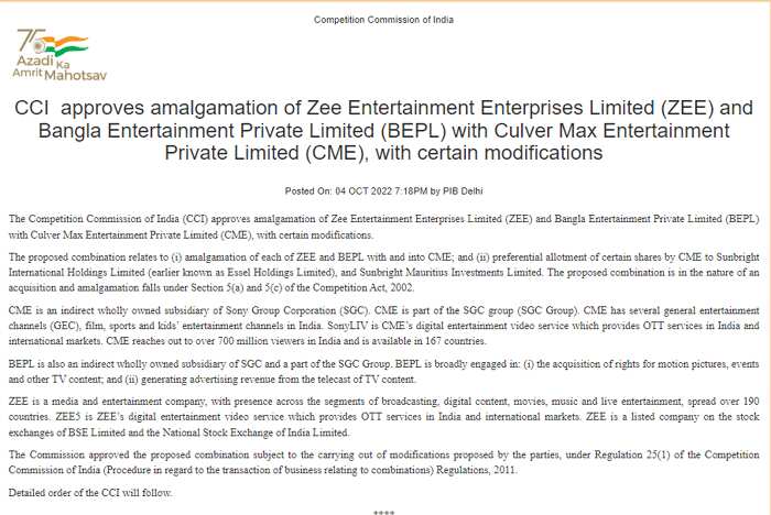 CCI approves ZEEL SONY Merger Culver Max Entertainment Private Limited with certain modifications