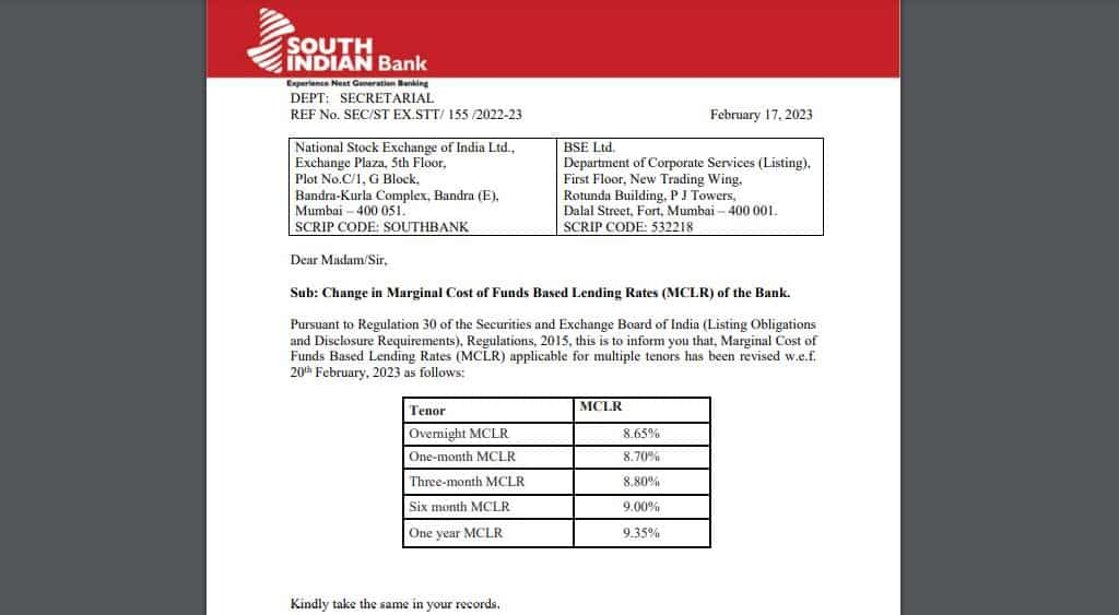 South Indian Bank MCLR Hike