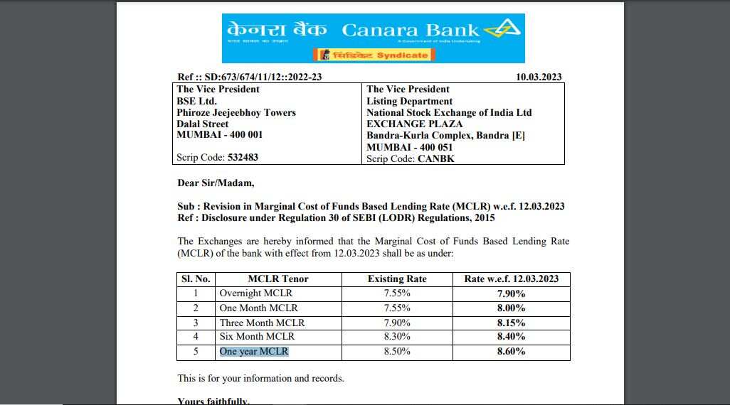 Canara Bank MCLR revision