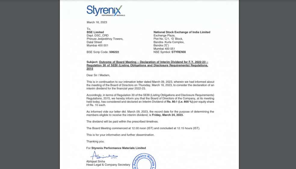 Styrenix Performance Materials Dividend Announcements