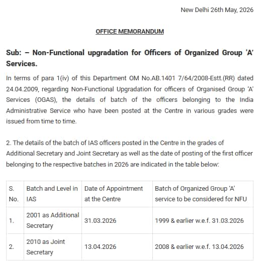 8th pay commission central government employees group a officers pay level upgrade without promotion dopt nfu order