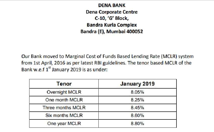 Dena Bank Raises MCLR
