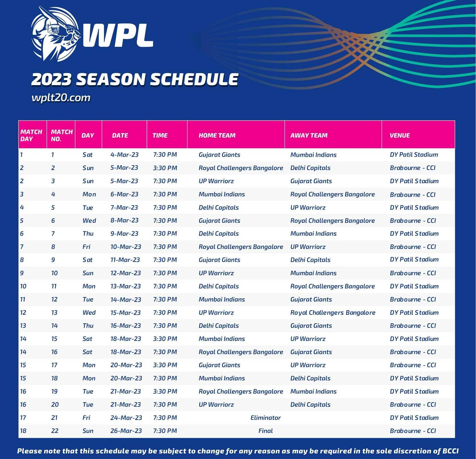 WPL 2023 Schedule