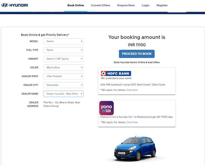 Book Hyundai Santro online and get Cashback of rupees 1000