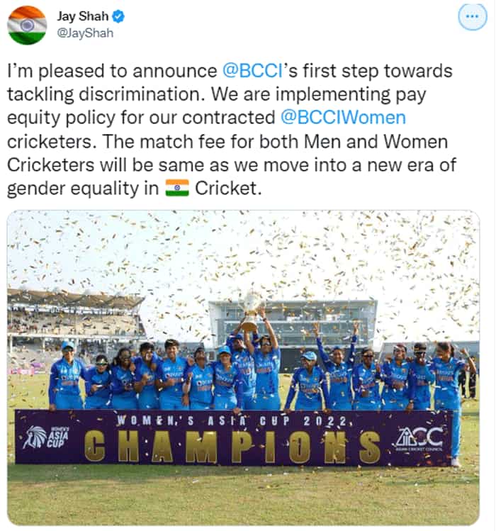 Board of control for cricket in india BCCI big announcement Indian Women Cricketers now get same match fees as their Male counterparts Jay Shah announces on social media