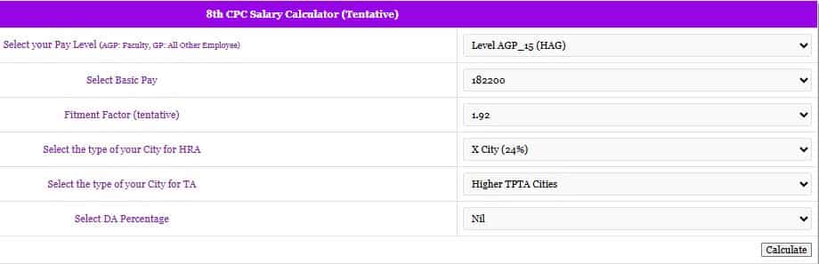 8th pay commission salary calculator hag level agp15 net salary basic pay fitment factor da hra ta hindi