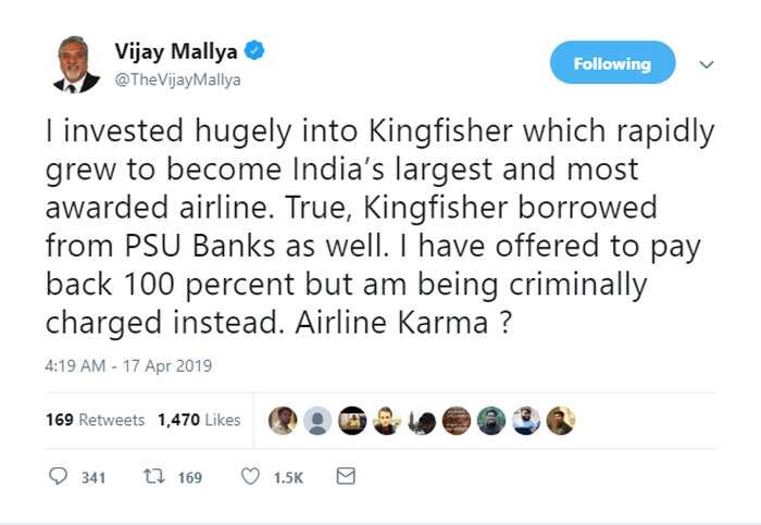 Indian Offender Vijay Mallya tweet- I am willing to pay either way whether I am in London or in an Indian Jail
