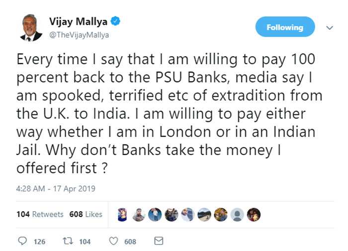Indian Offender Vijay Mallya tweet- I am willing to pay either way whether I am in London or in an Indian Jail