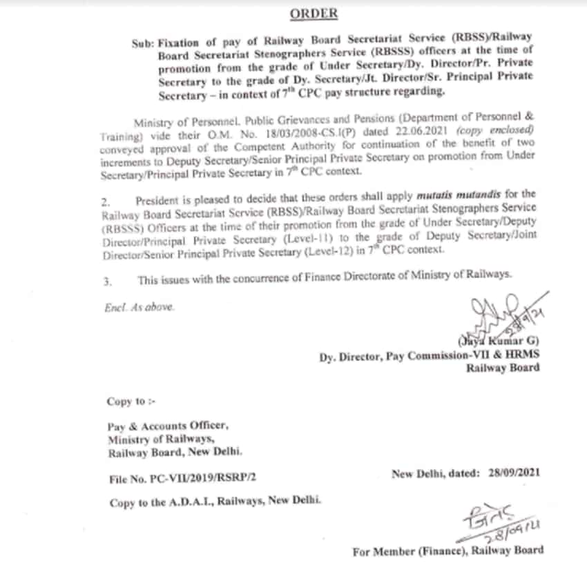7th Pay Commission latest news today Central government employees promotion Ministry of Railways fixation of Pay RBSS in context of 7th CPC pay structure