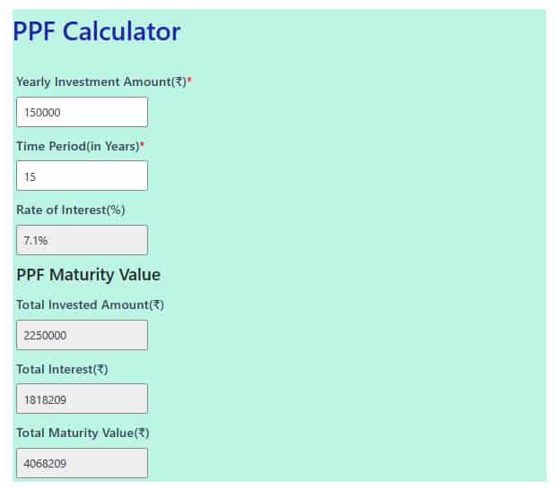 ppf calculator year wise interest breakup 150000 investment maturity return india
