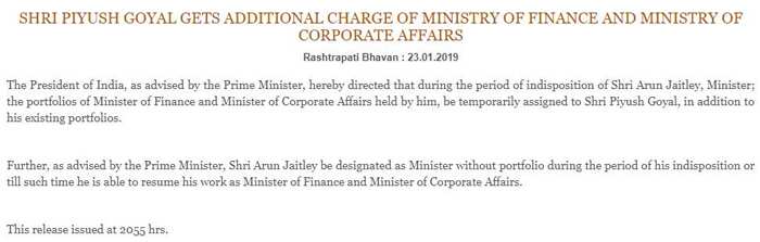 Piyush Goyal named interim Finance Minister and Corporate Affairs Minister