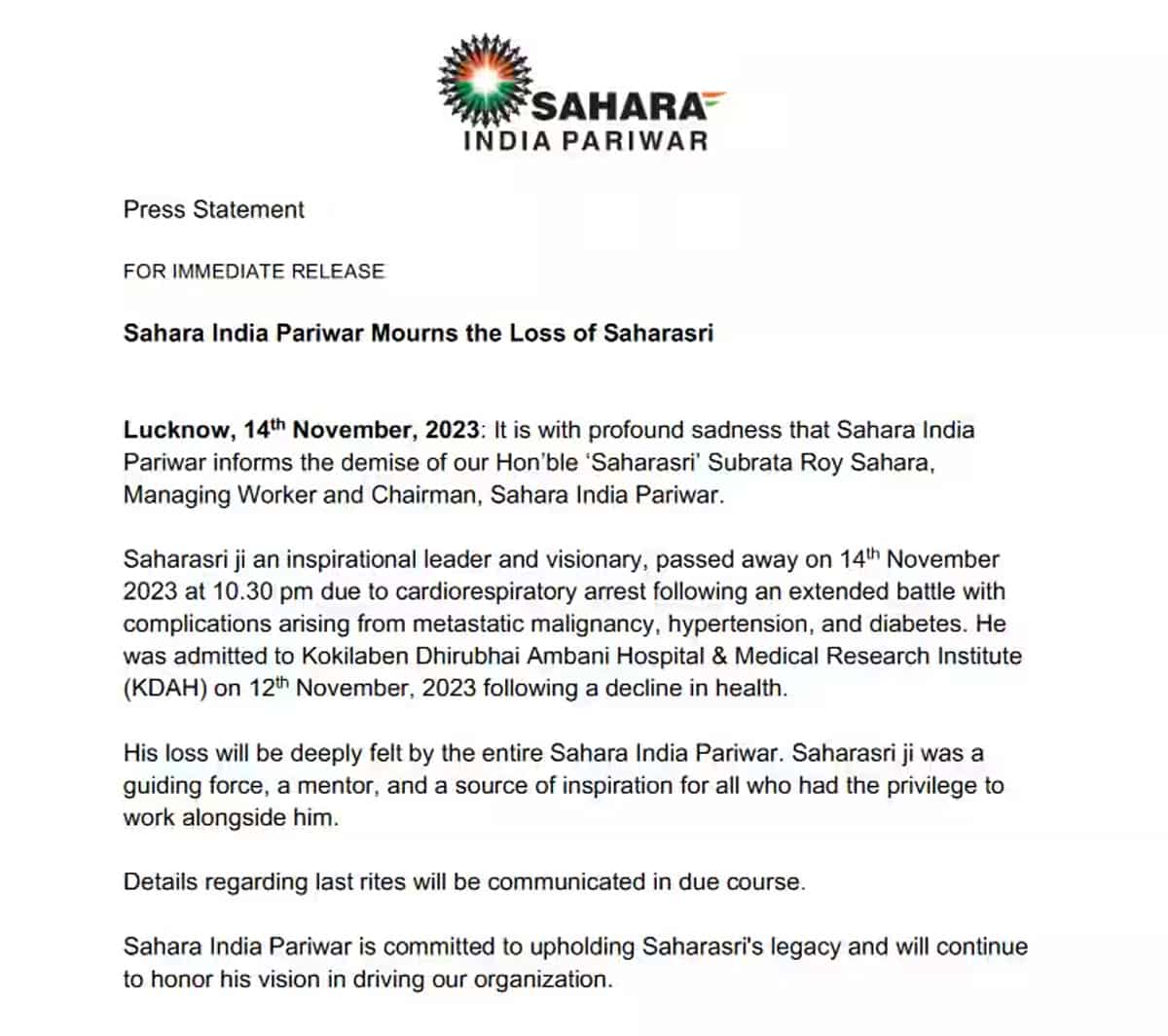 Sahara Group founder Subrata Roy dies at age 75 due to cardiorespiratory arrest in Mumbai
