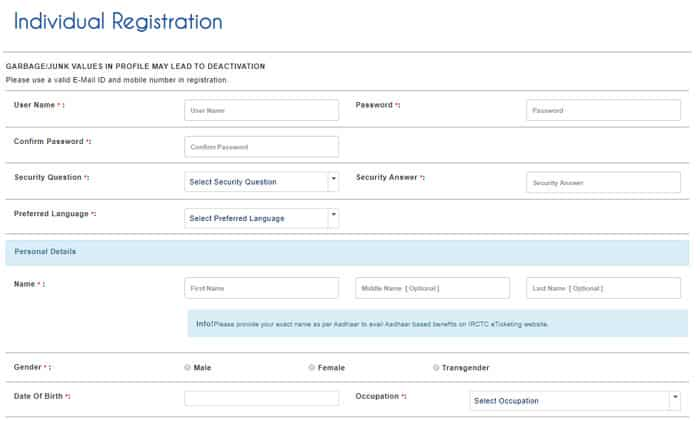 IRCTC account registration form