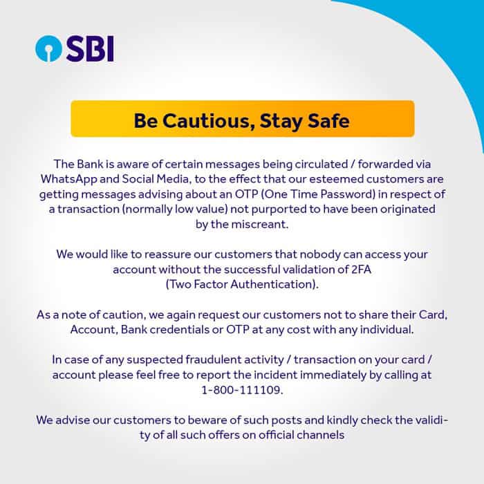 SBI Alert its customer to not open any whatsapp link, May suspect fraud