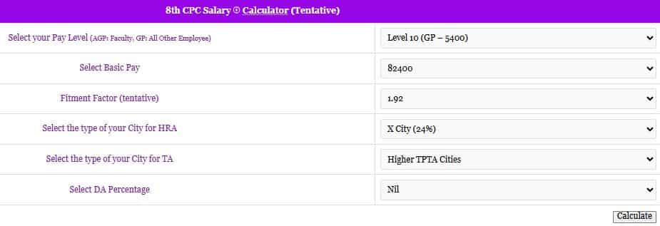 8th cpc level 10 gp5400 salary calculator current basic pay 82400 da hra ta net salary