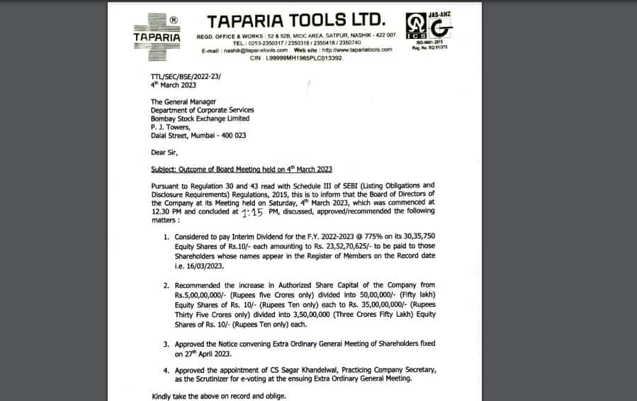 Taparia Tools Dividend Record Date