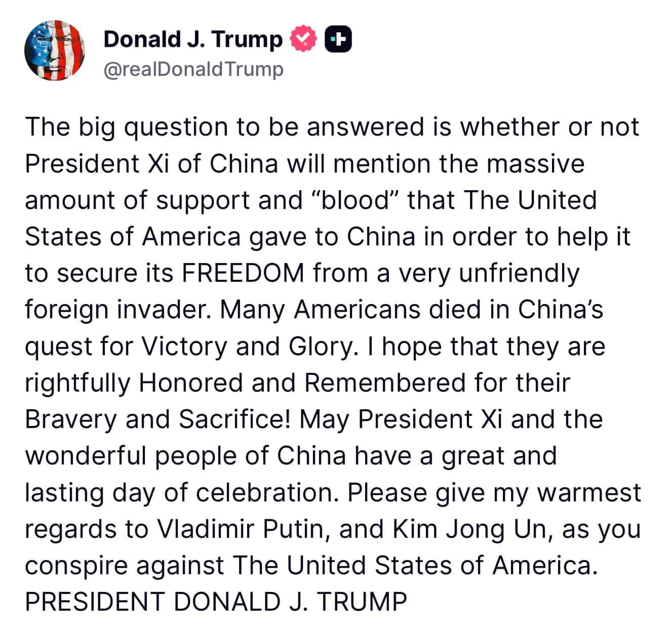 donald trump truth social post xi putin kim jong un frenzy