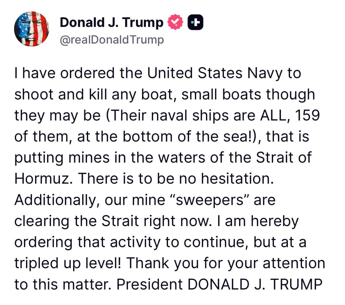 trump shoot and kill order us navy strait of hormuz naval mines iran conflict ships sunk latest news