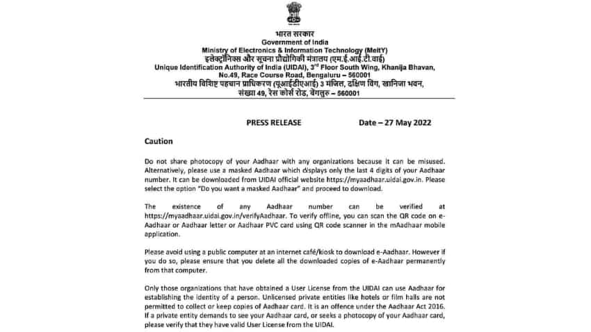 how to protect aadhaar card Meity Released advisory do not share photocopy of aadhaar with any organizations