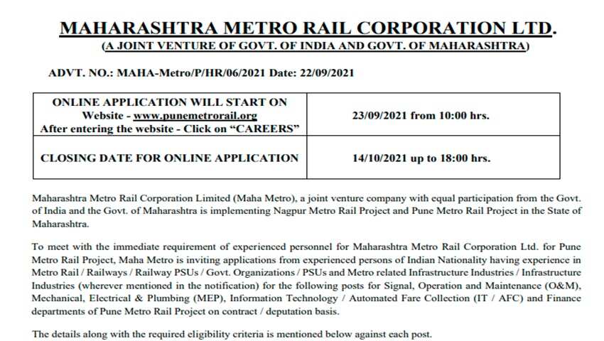 Maharashtra Metro recruitment 2021 Apply for 96 technician and other vacancies