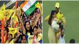 IPL 2021 Final CSK vs KKR wife sakshi and daughter ziva hugs ms dhoni after csk beats kkr video viral