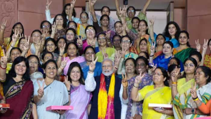 Women Reservation Bill 2023 women MPs celebrated victory with PM Narendra Modi after the bill was passed by Parliament pm shared photos on social media