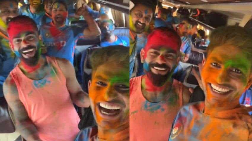 Holi के रंग में रंगी टीम इंडिया, विराट कोहली बोलें - Calm Down तो रोहित शर्मा ने पीछे से फेंका गुलाल, देखें वीडियो