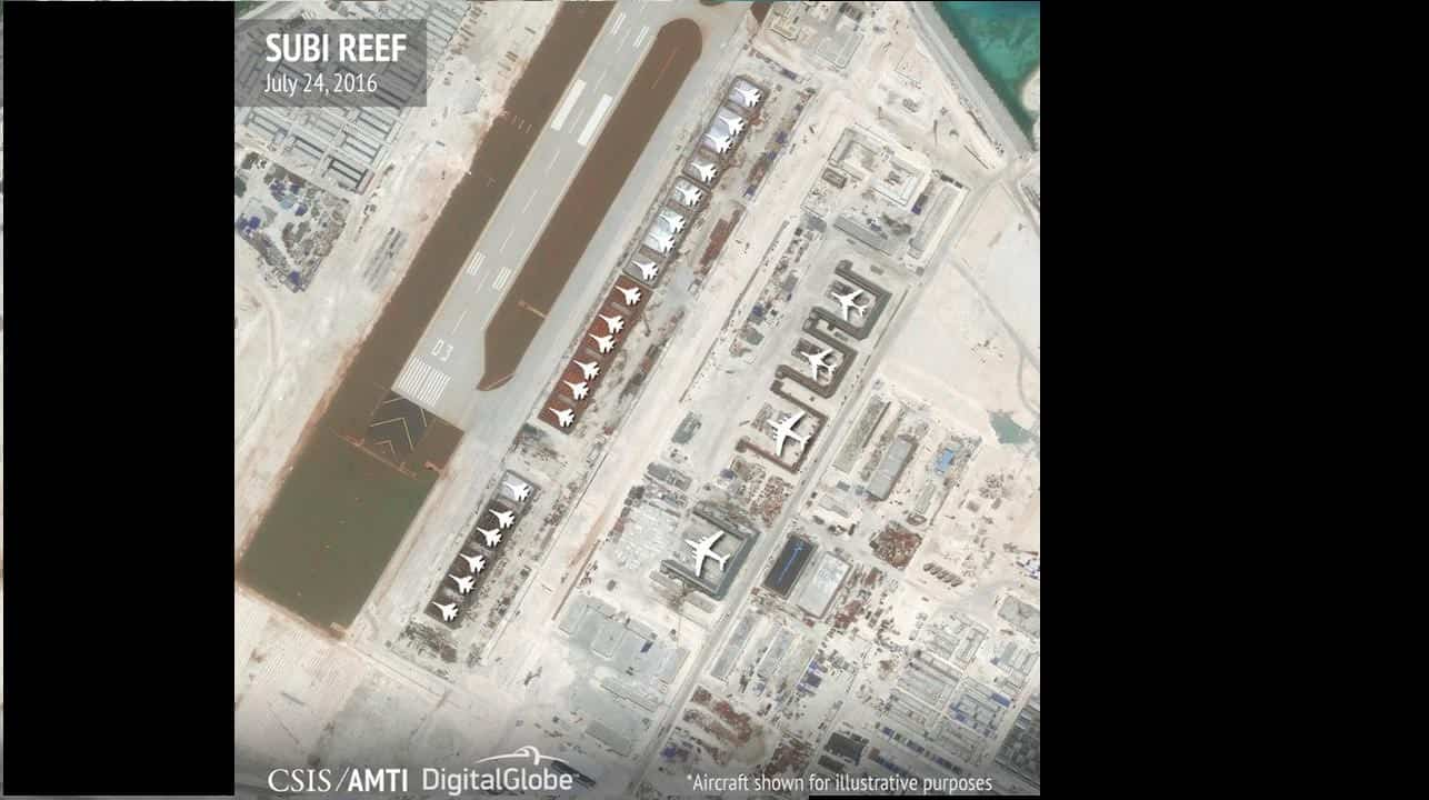 The hangars on Fiery Cross, Subi and Mischief Reefs in the Spratly islands have room for any fighter jet in the Chinese air force. Reuters