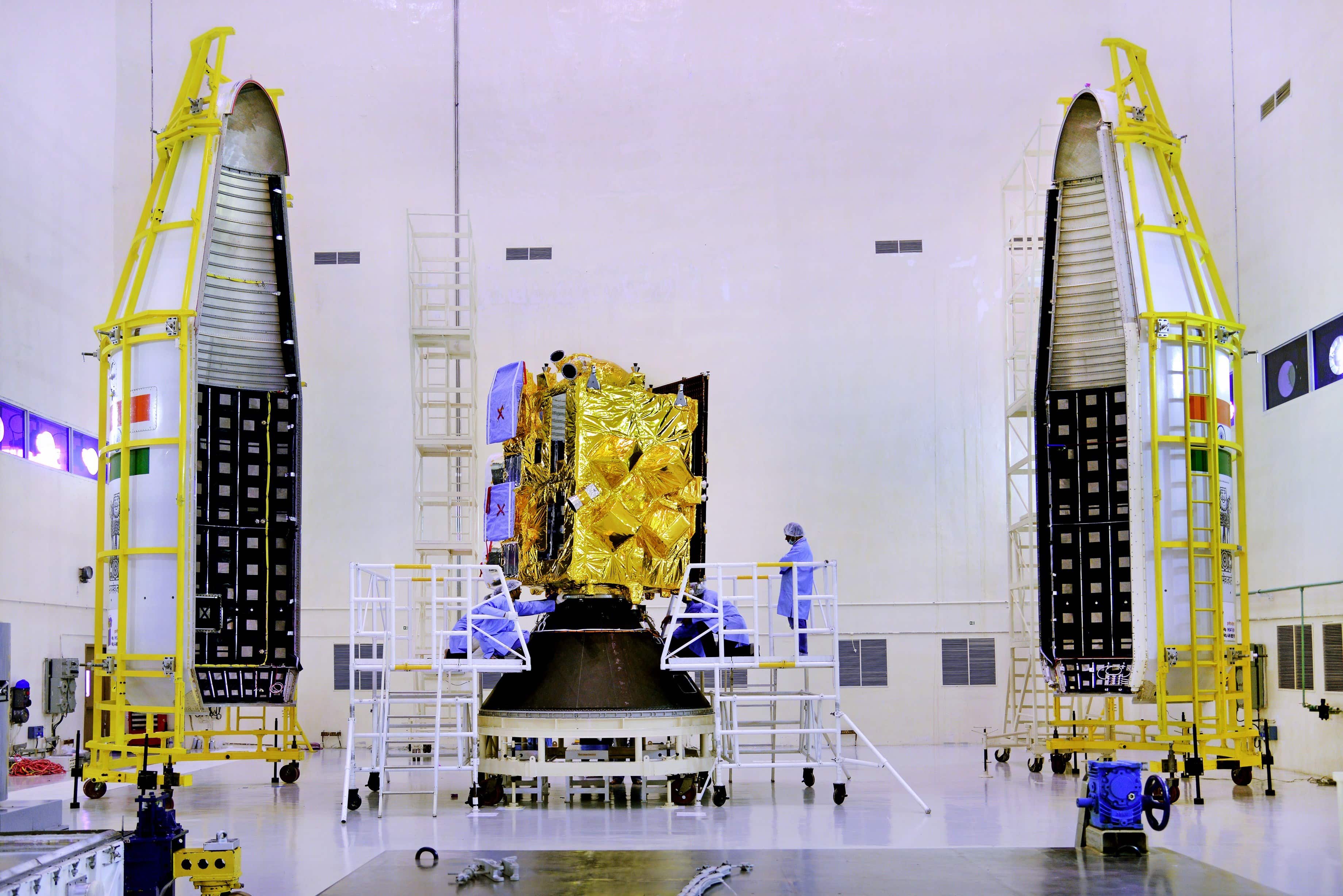 INSAT-3DR seen with two halves of payload faring of GSLV-F05. Photo: Official website