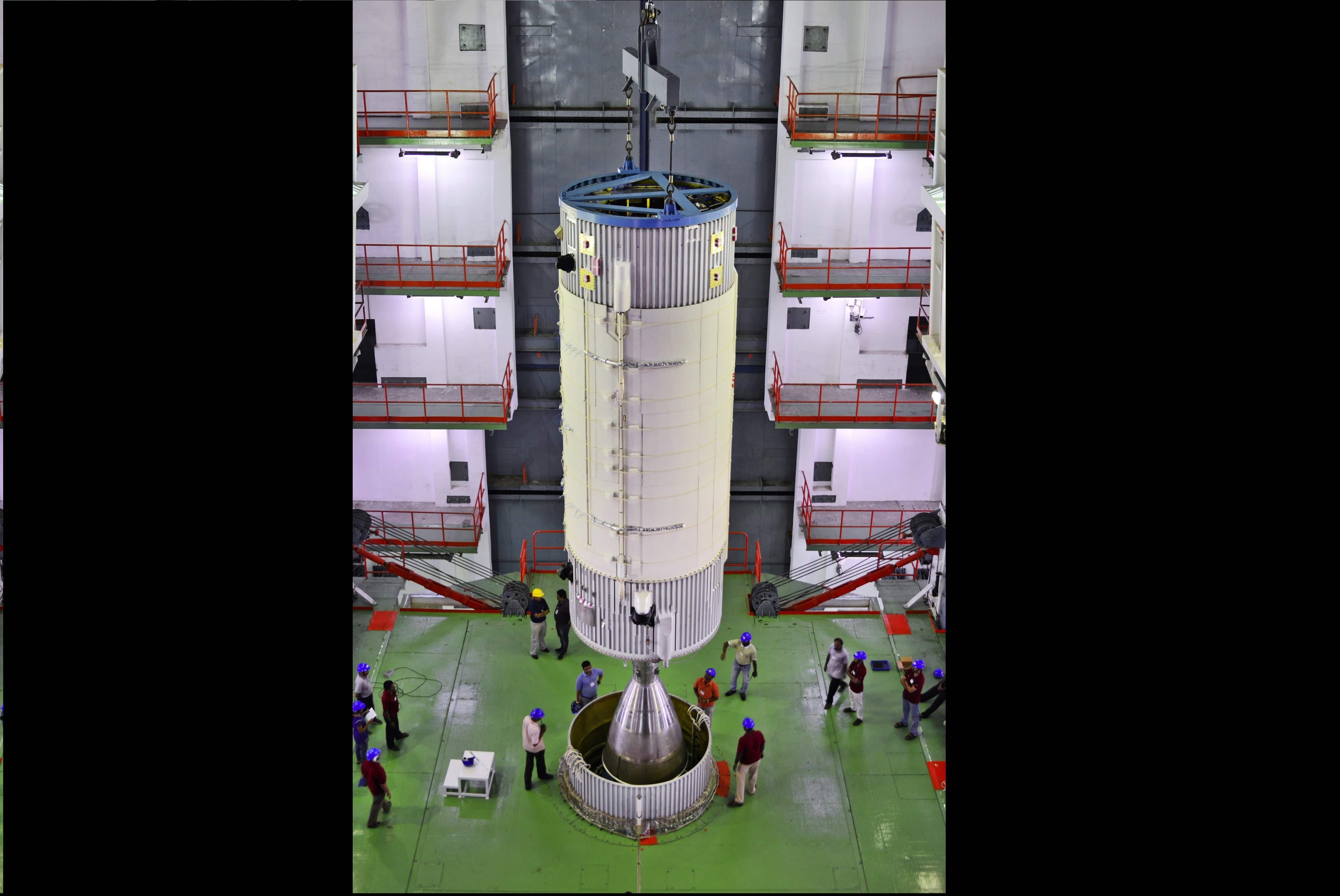 Hoisting of GSLV-F05 Second Stage during Vehicle Assembly. Photo: Official website 