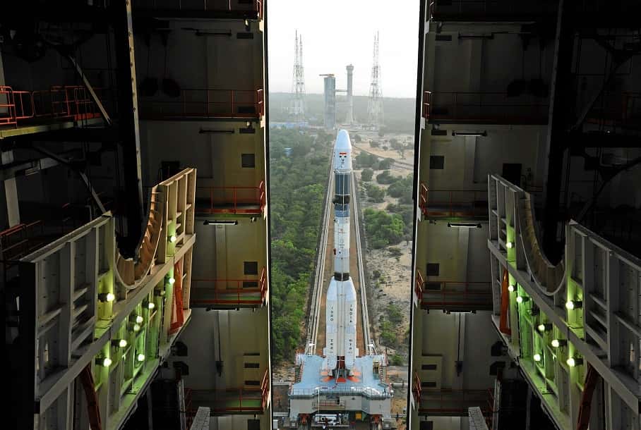 Fully integrated GSLV-F05 coming out of the Vehicle Assembly Building. Photo: Official website 