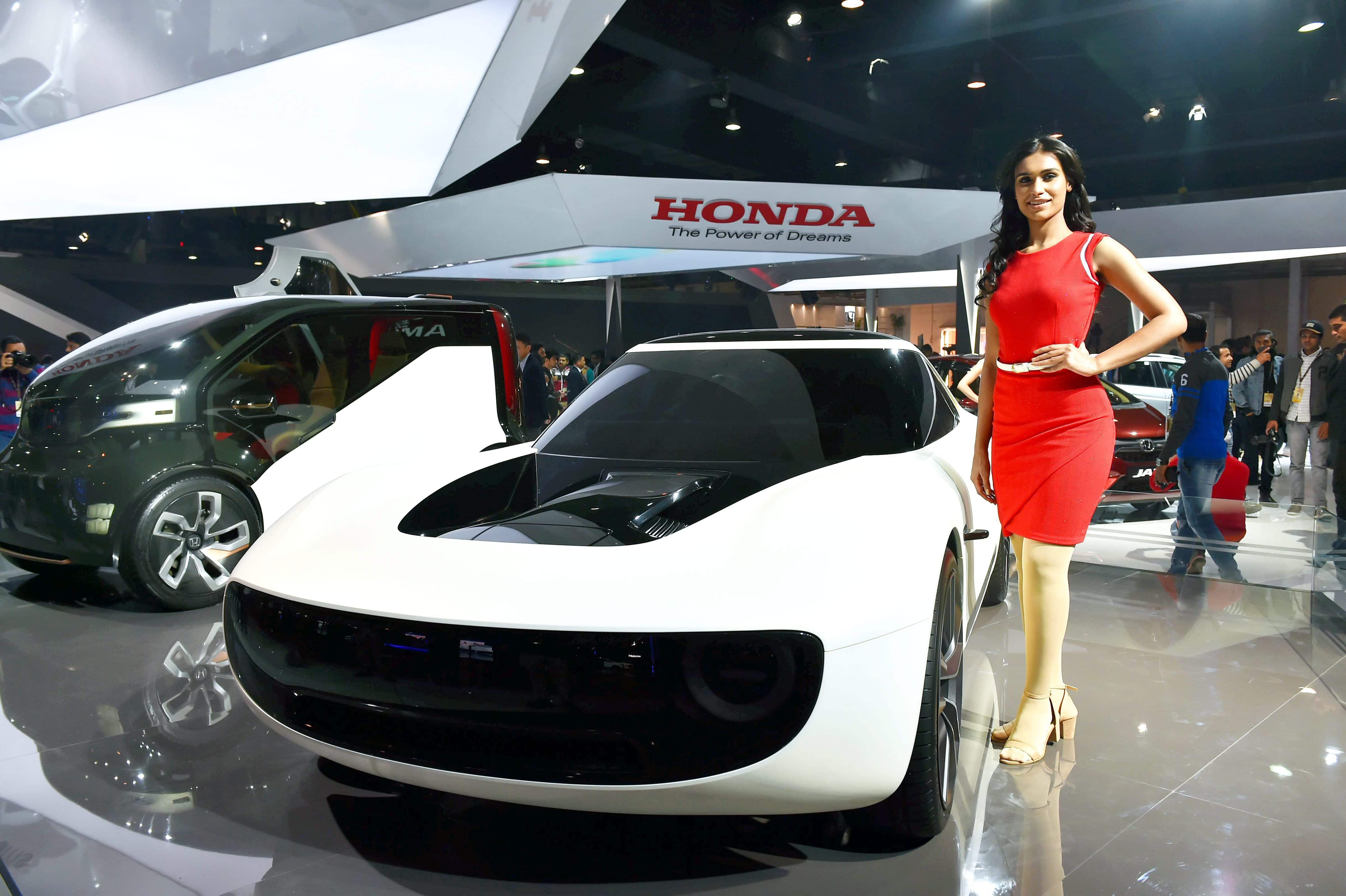 A model poses next to a concept cars at a stall at the Auto Expo 2018 in Greater Noida on Wednesday.n