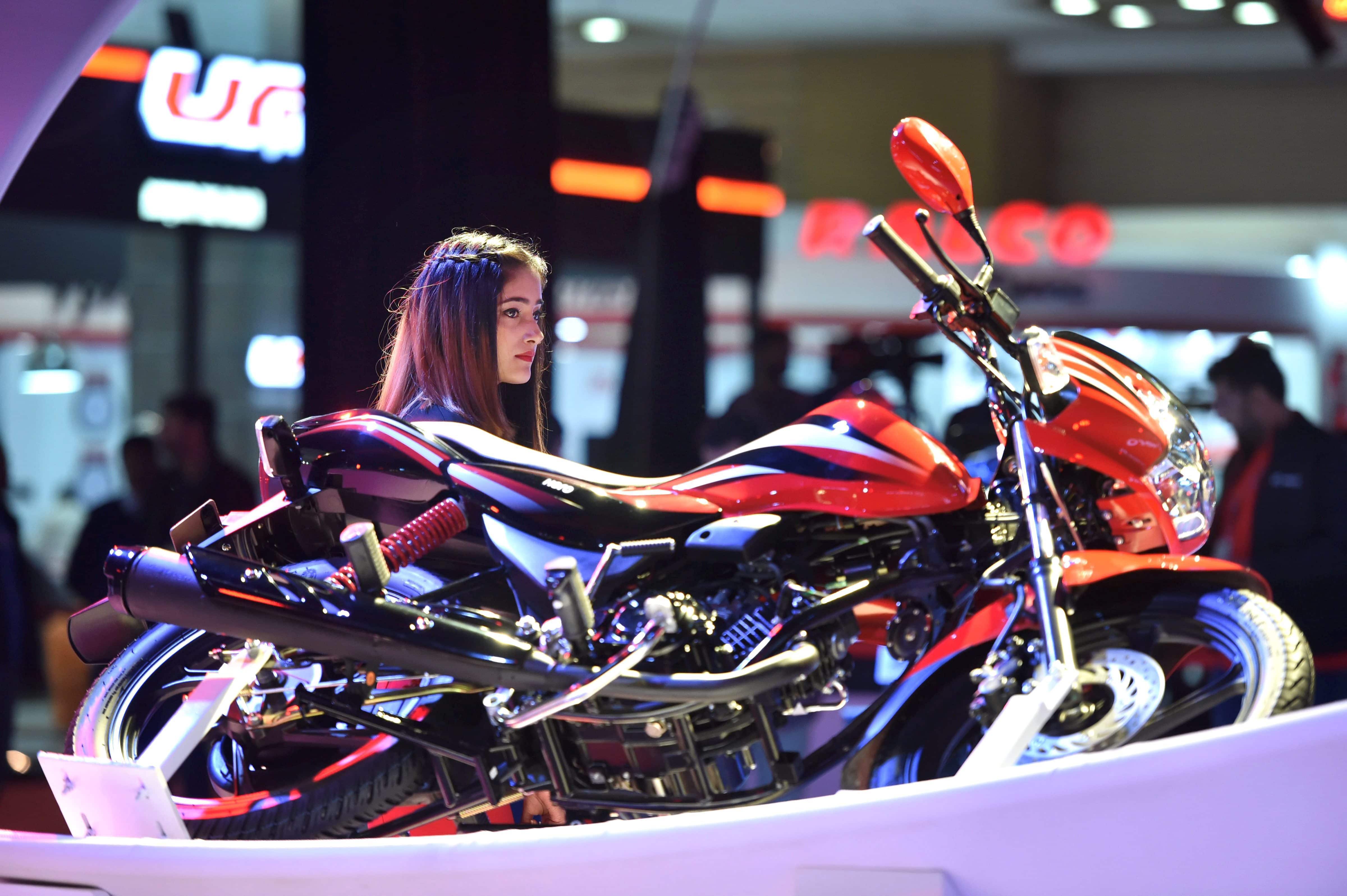 A TVS Motors bike is showcased at the Auto Expo 2018​. 