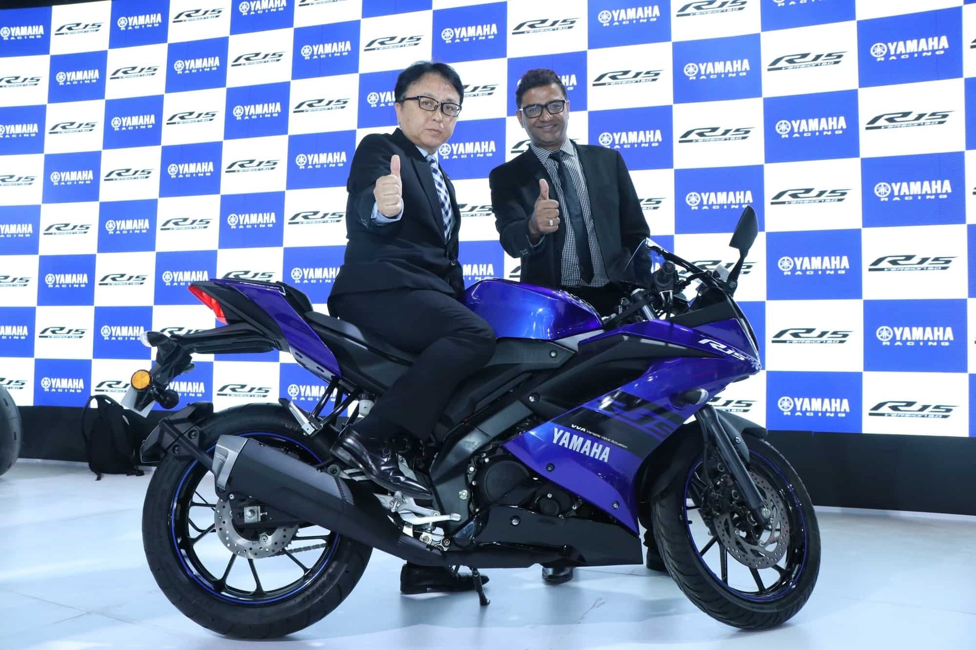 Yamaha Motor India Group of companies Chairman Motofumi Shitara and Senior Vice President, Sales and Marketing, Roy Kurian at the launch of sports bike YZF-R15. Source: IANS