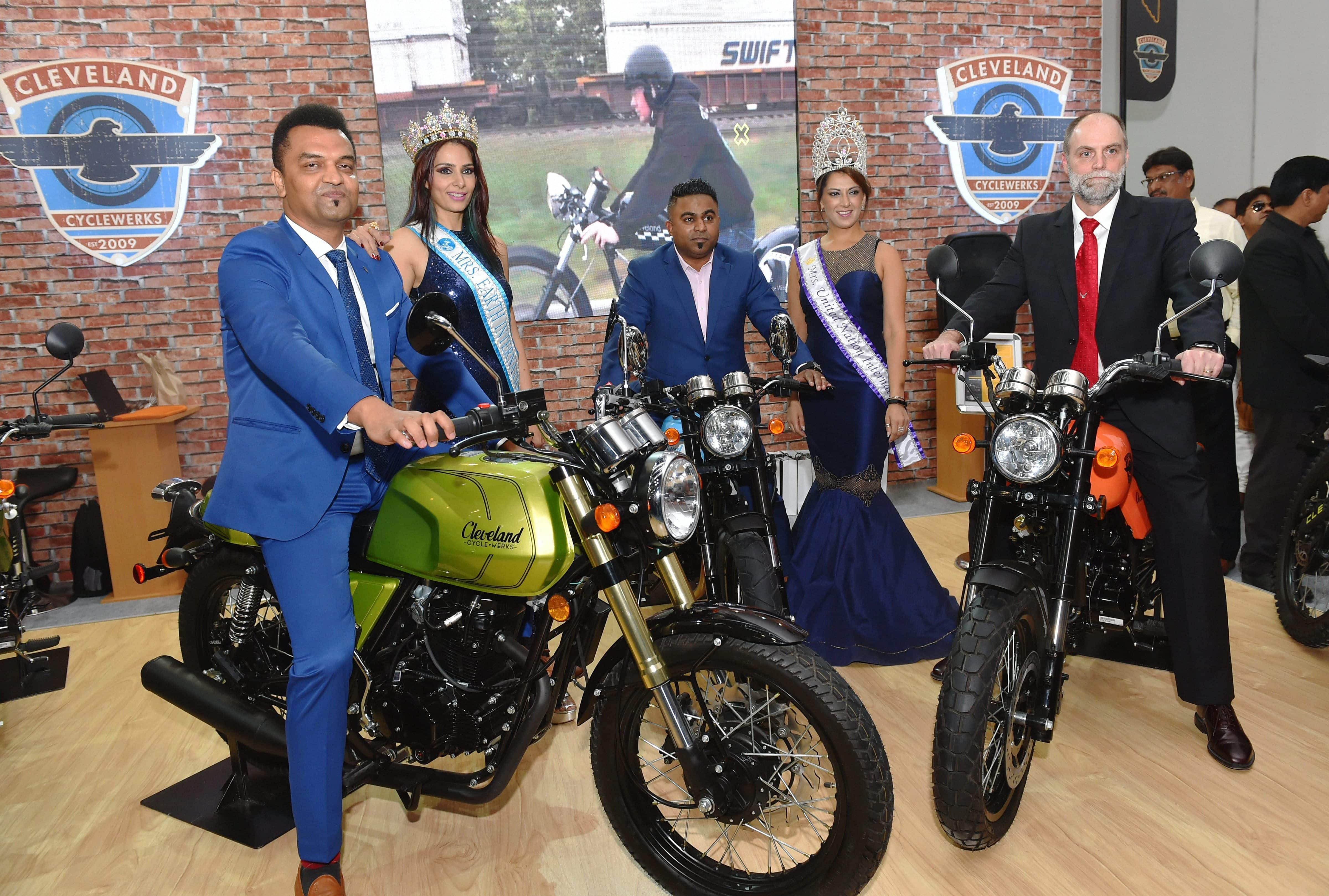 Cleveland CycleWerks officials launch the company's new bike Ace and Misfit at the Auto Expo 2018 in Greater Noida on Thursday. PTI 