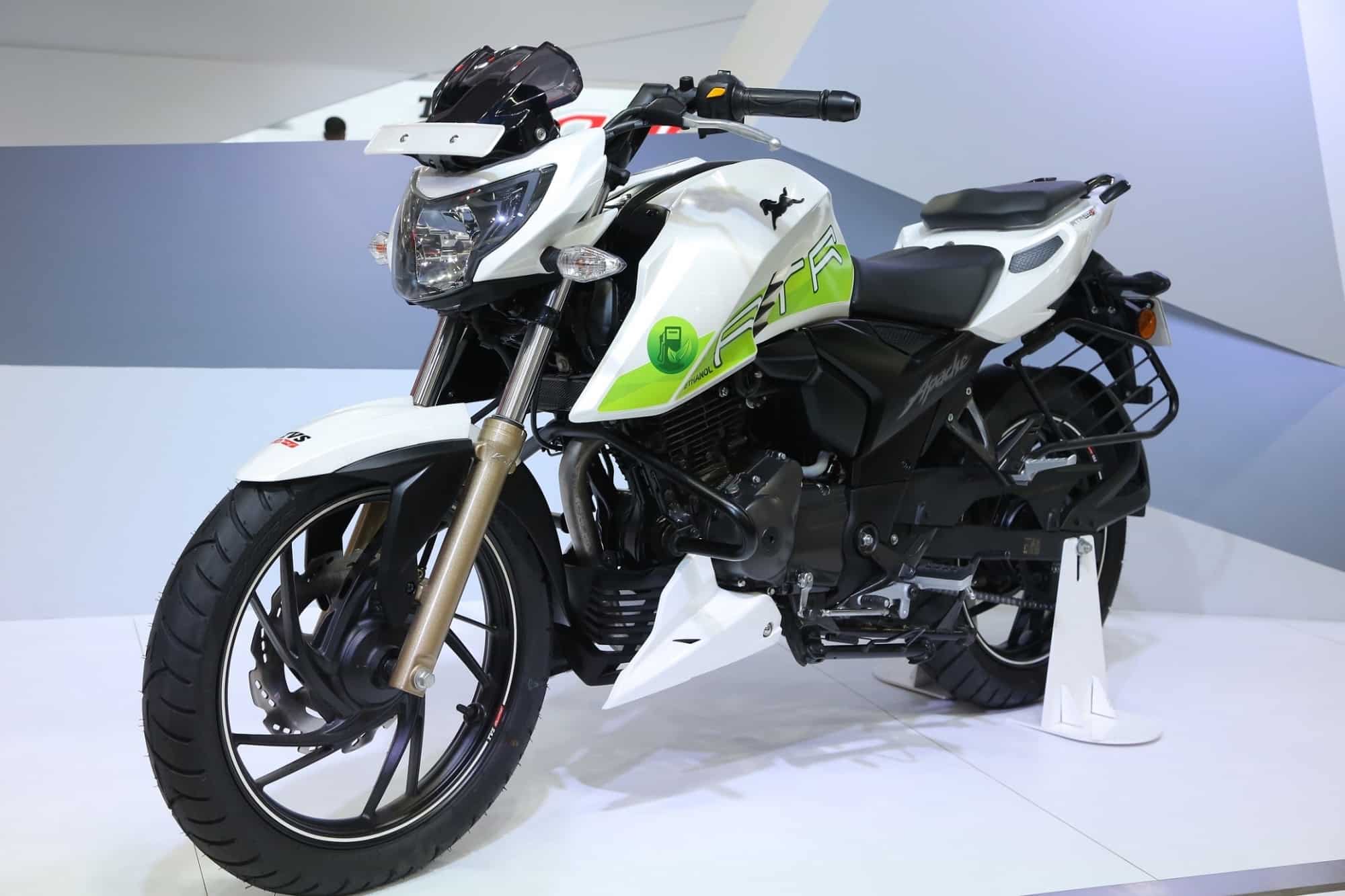 A view of the TVS Apache RTR 200 Fi Ethanol motorcycle, at the Auto Expo. IANS