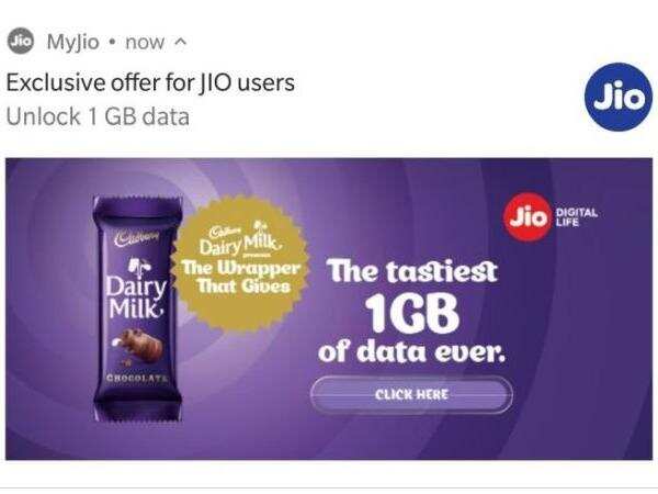 Reliance Jio offer: Buy Cadbury Dairy Milk chocolate for Rs 5, get free 1GB 4G data